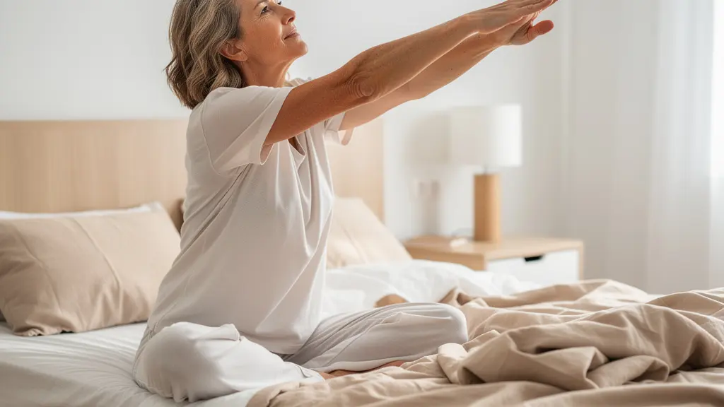 Femme se réveillant sereinement et s'étirant dans son lit, matelas confortable