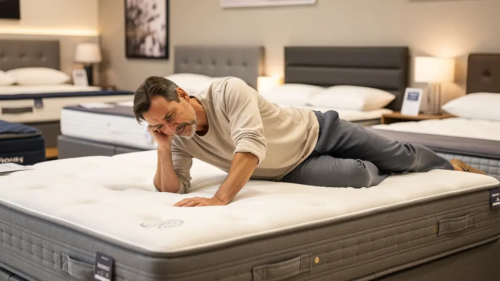 Homme testant un matelas en position sur le côté dans un showroom de literie