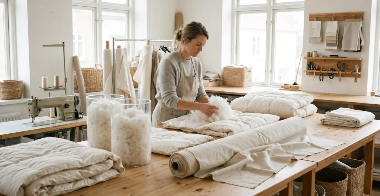 Atelier textile avec mains d'artisan manipulant duvet d'oie blanc, contenants transparents remplis de garnissage naturel et rouleaux de percale de coton sur établi en bois clair