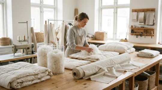 Atelier textile avec mains d'artisan manipulant duvet d'oie blanc, contenants transparents remplis de garnissage naturel et rouleaux de percale de coton sur établi en bois clair