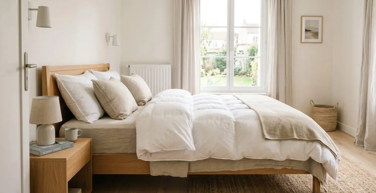 Chambre contemporaine française avec lit double habillé d'une couette naturelle épaisse et gonflante en percale blanche, lumière naturelle douce par la fenêtre