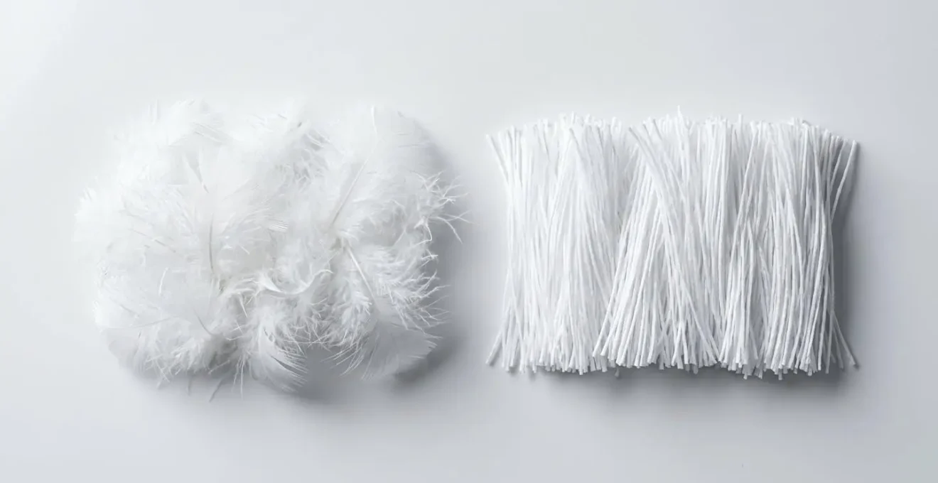 Comparaison visuelle macro de deux échantillons textiles : touffe de duvet naturel floconneux à gauche et fibres synthétiques creuses uniformes à droite sur fond blanc neutre