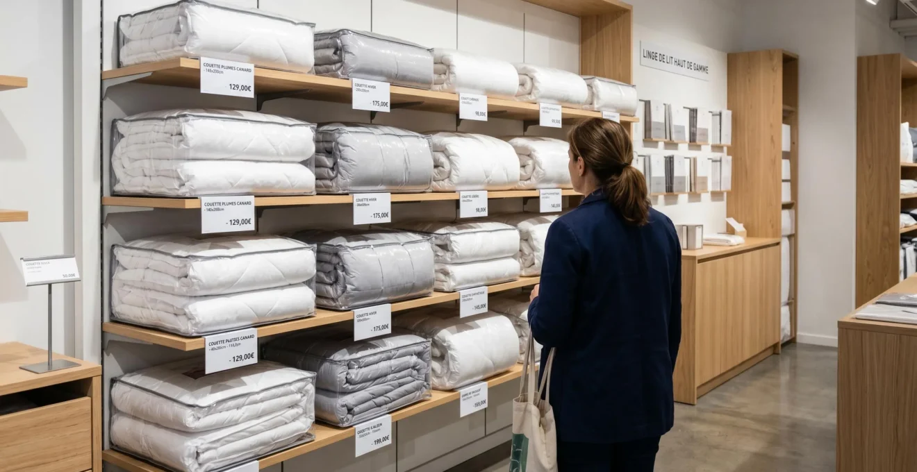Showroom literie français avec présentoir de couettes pliées sous emballage transparent, étiquettes prix en euros visibles, cliente de dos comparant les options